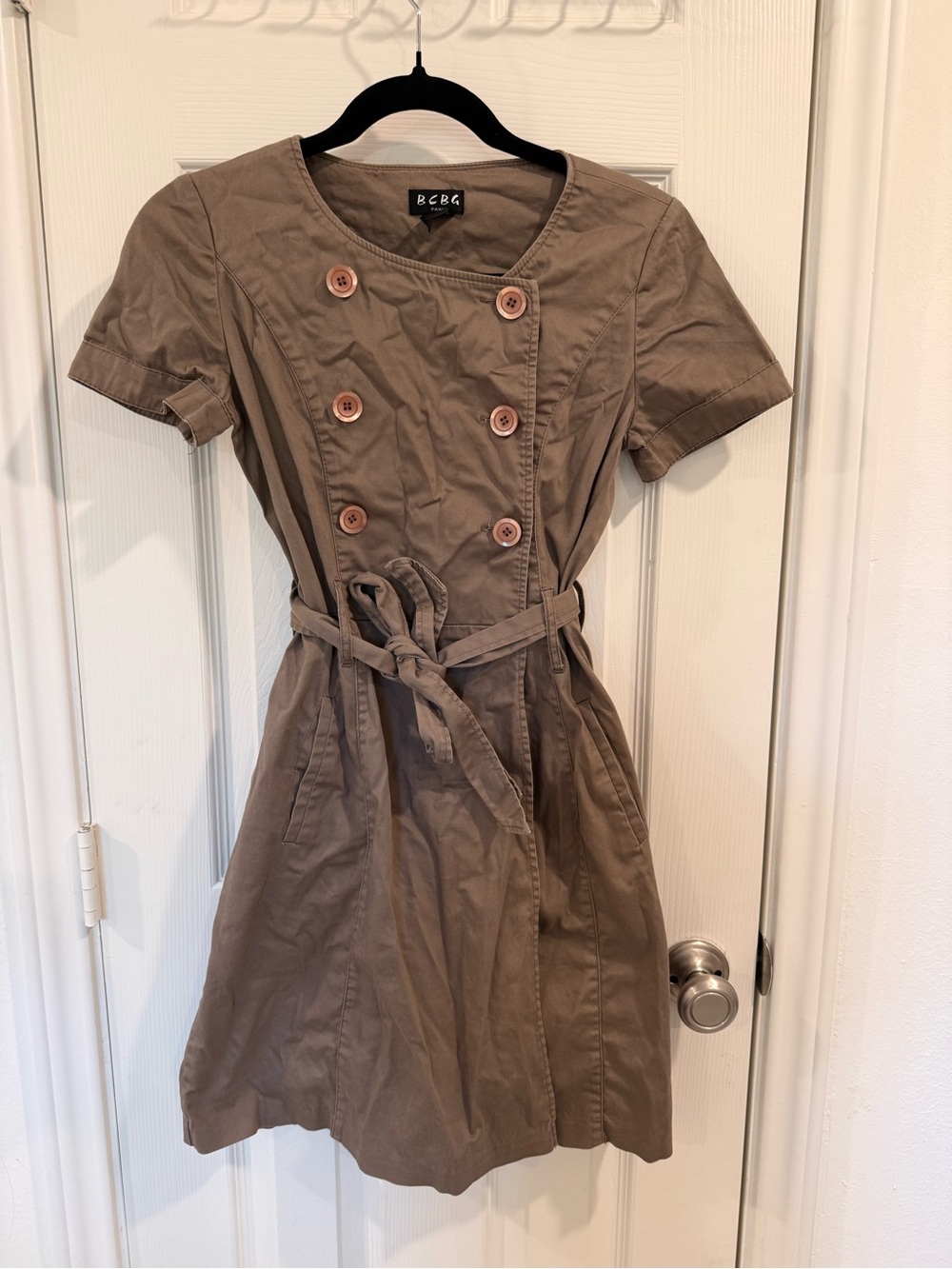 BCBG Paris Khaki Short-Sleeve Double-Breasted Utility Dress, Size 4